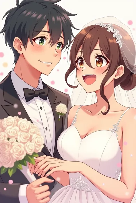 Anime style comic where a couple is getting married, The couple looks happy and peaceful, in the first box, a close-up view of the groom, In the second one a close-up of the bride, In the third of both of them seeing each other, In the fourth frame there i...