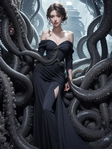 Tentacleattress、Being violated by nasty black tentacles、half-opened off shoulder gray Dress、Tentacles in the mouth、body fluid overflowing from the mouth、Blue eyes、bionde、detail skin texture 、full waist up pose , upper knees pose