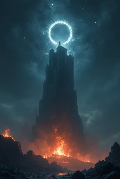 Omega symbol on top of a tower at night and with fire