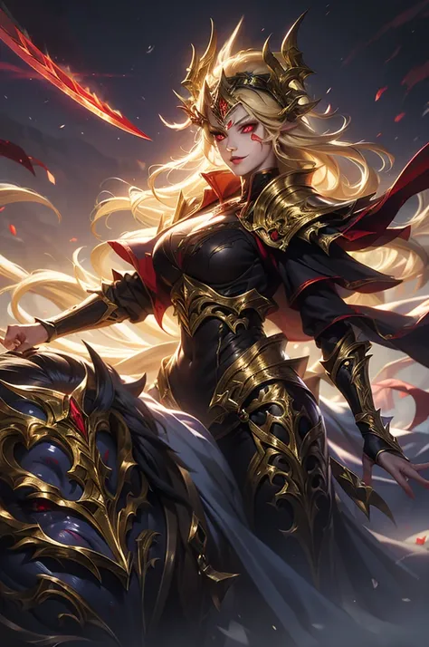 masterpiece,best quality,extremely detailed CG,ultra-detailed,1woman,demon woman,general,swordfighter,evil smile,elaborately designed plate armor,forehead protector,dark red eyes,circlet,faint lip,white colored face paint,blond hair,dark skin,