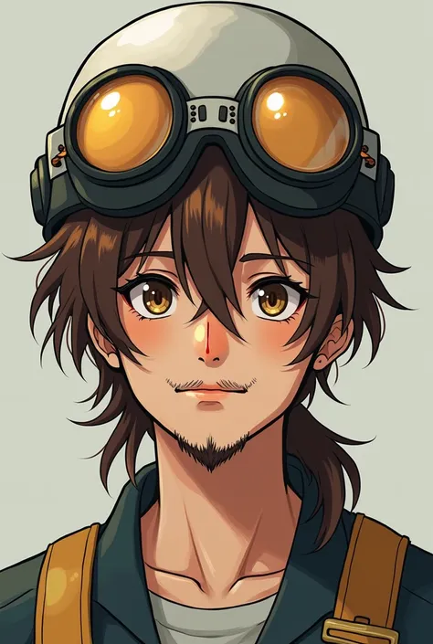 16 year old light skinned male, brown mullet haircut and big light brown eyes. Round nose with mustache and beard on chin. 
He has helmets on his head, anime style.