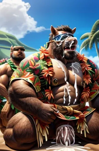 Super muscular adult boar beastman,(Wear Hawaiian traditional clothing:1.7),Open your mouth and stick out your tongue,(Surrounded by erect men:1.2),(a large amount of semen on the face and body,:2.0),Southern Island,(Anal Sex:1.5),Brown fur,Black hair and ...