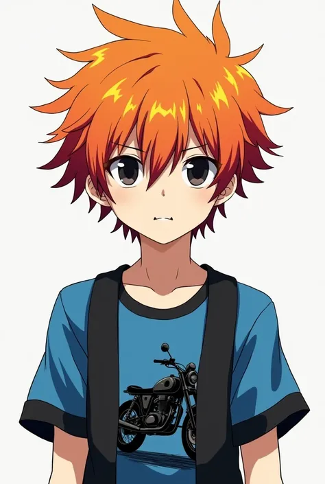 anime type boy with messy orange hair, with dull yellow and almost wine-colored red strands, which gives it a very striking and vibrant look. His skin is pale white, which contrasts with the intense color of her hair.

He wears a blue shirt with short blac...