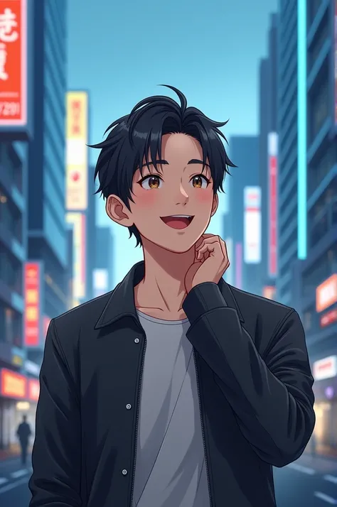 create a realistic image of a Japanese man with black hair, smooth ass, Jovial appearance, light skin tone, lightbrown eyes. standing showing the whole body,  on a background with Tokyo buildings with neon blue colors with a hand on the neck smiling slight...