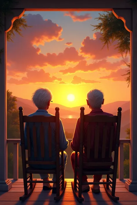 an old couple with their backs to the sunset sitting in rocking chairs