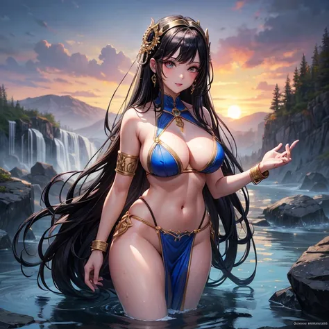 score_9, score_8_up, score_7_up,score_6_up, score_5_up, score_4_up, masterpiece, best quality, highly detailed, night, hot springs, 1girl, Tundra_DG, lips, makeup, long hair, black hair, curvy, narrow waist, large breasts, o-ring top, armlet, loincloth, st...