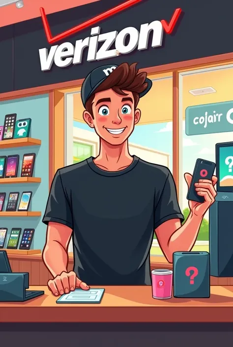 A 27-year-old guy in a cap and black t-shirt working at a phone store called Verizon in a cartoon 