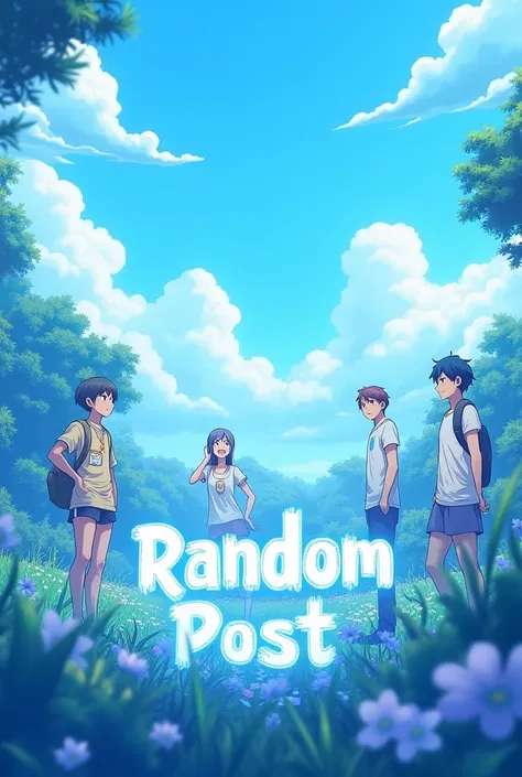 Make a 700 x 700 image with a light blue animated setting with anime and the text Random Post a little big at the bottom with legendary lettering, do it like an advertising poster 