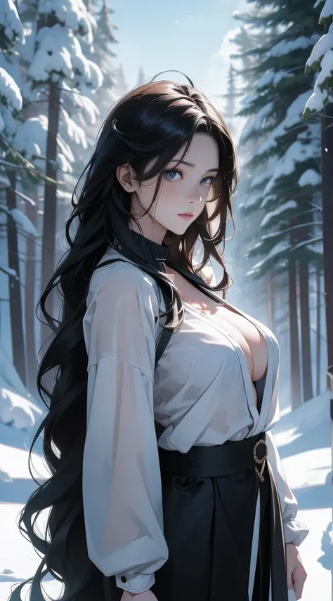  Pornographic exposure，coniferous forest，at winter season，  She has long flowing black hair， Bare genitals，hail，Bigchest， From the front side， Wet straight hair， Sweating profusely，Petting the ，mostly cloudy sky，（tmasterpiece），（Very detailed CG unity 8K wa...