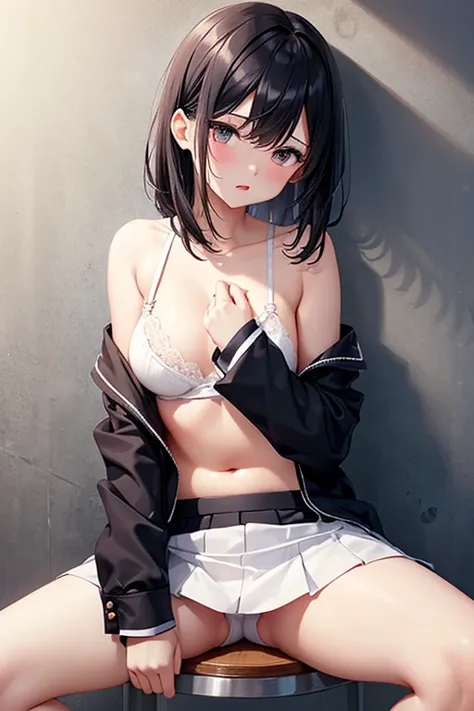 Remove your blazer and blouse to your shoulders、Hide your belly with clothes、Just take off your bra straps、Miniskirt、White underwear、Black hair straight、Shortcuts、Hide your chest、Shoulder Bare、Remove eye highlights、Blushing、Cry、Open your mouth、sit、Spread y...