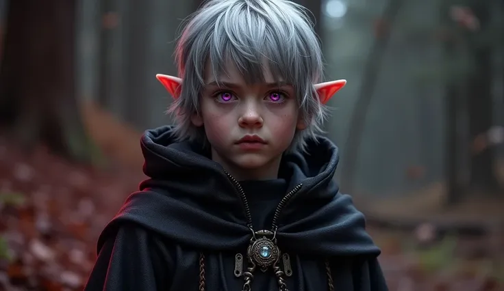 Character based on the world of Lord of the Rings, A high-fantasy horror, dark lord, a teenager half-elf boy with silver short hair and purple eyes, Dark wizard, A boy wearing a black long cloak, rivendell, younger half-elf sorcerer, high realism, red and ...