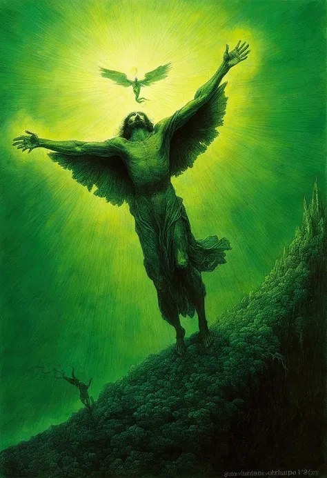 Jesus delivering the man from legion of demons, spirits flying out of mans body, author：Zdzislaw Beksiński, bible, cross, spiritual, healing, dark fantasy style, 1980s, calming scene, glow, Jesus, god, green forest, beautiful