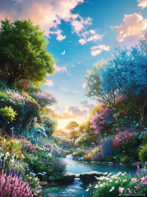 masterpiece, 最high quality, high quality,Very detailed CG unity 8k wallpaper, Enchanting and dreamy fantasy forest scenery, Seven-Colored Garden, Valley of the Fairies with a River Flowing Through It, Mysterious and fascinating, Sky Blue Sky, White dove fl...