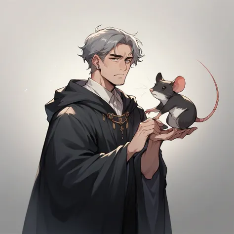 A grandfather with long gray hair in a black robe stands and holds a mouse in his hands