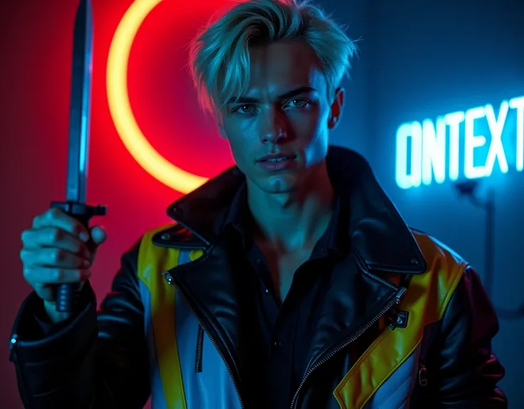 male model,181cm tall, 22 years, pale skin, blue eyes, short platinum blond messy side part hair, black leather asymmetrical zip jacket with yellow and bright blue leather accents, holding a dagger up:1.2, dark lighting, inside luxury BDSM room, amused smi...