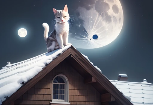 A kitten with white fur and blue eyes is on the roof of the house admiring the moon in the sky, looking at the moon 