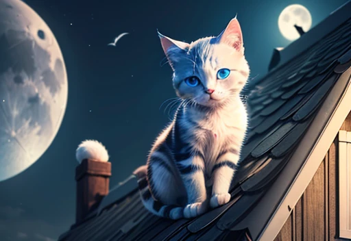 A kitten with white fur and blue eyes is on the roof of the house admiring the moon in the sky, looking at the moon 