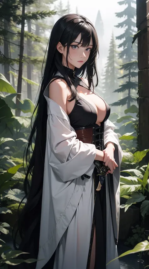  Pornographic exposure，coniferous forest，at winter season，  She has long flowing black hair， Bare genitals，hail，Bigchest， From the front side， Wet straight hair， Sweating profusely，Petting the ，mostly cloudy sky，（tmasterpiece），（Very detailed CG unity 8K wa...