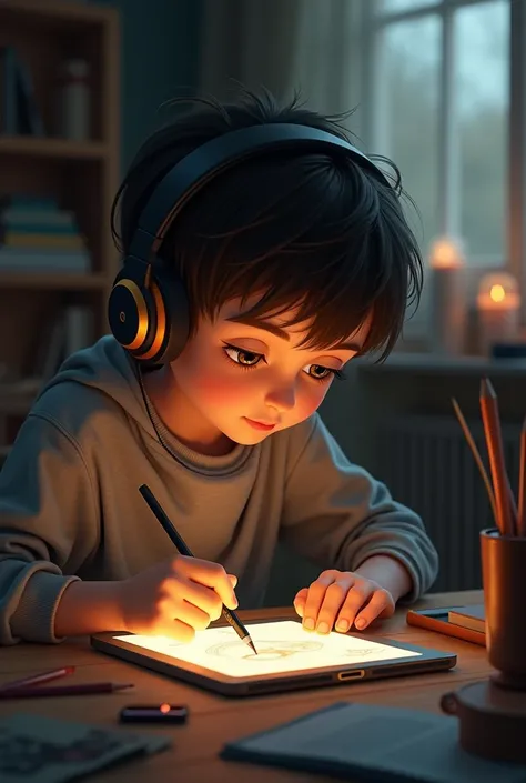 Boy listening to music while making sketch 