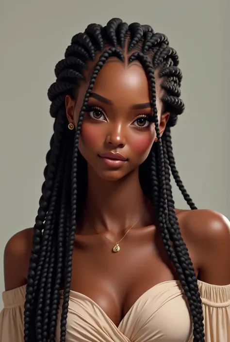 Beautiful African American coloring page, photorealism,16K realism, Hyper-realistic, bold line art, long detailed braids with baby hair, long eye lashes, almond shape eyes, off shoulder maxi dress, 