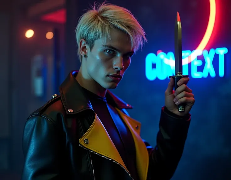 male model,181cm tall, 22 years, pale skin, blue eyes, short textured platinum blond messy side part hair, black leather asymmetrical zip jacket with yellow and bright blue leather accents, holding a dagger up, dark lighting, inside luxury BDSM room, dark ...