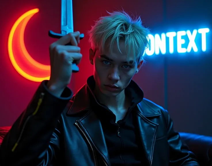 male model,181cm tall, 22 years, pale skin, blue eyes, short textured platinum blond messy side part hair, black leather asymmetrical zip jacket with yellow and bright blue leather accents, holding a dagger up, dark lighting, inside luxury BDSM room, dark ...