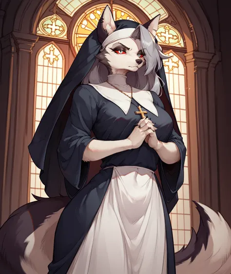 score_9,score_8_up,score_7_up, source_cartoon, kemono style, Anthro furry hellhound, loona from helluva boss, furry body, white eyes, red sclera, she looks serious, wearing nuns outfit, nun hat, nun dress, praying, standing, ina church