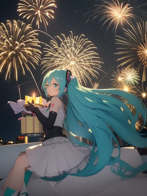 Anime girl Hatsune Miku with birthday cake and candle on it with number 7. Fireworks in the background.