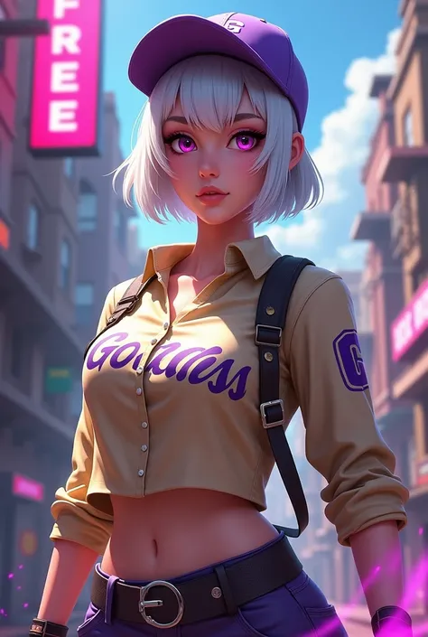 Free fire game style character,with purple cap, short white hair,beige blouse with the word Goddess written on it 