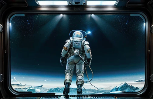  Photography Varied view, dynamic photography, um navio voa sobre o floor, low angle , floor , Daytime lighting in a frozen environment, floor com neve,  astronaut piloting the ship wearing an icy spacesuit and observing something impressed in an alien str...