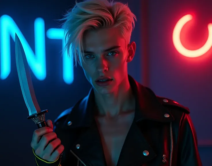 male model,181cm tall, 22 years, pale skin, blue eyes, short textured platinum blond messy side part hair, black leather asymmetrical zip jacket with neon yellow and blue color leather accents, holding a dagger up, dark lighting, inside luxury BDSM room, d...