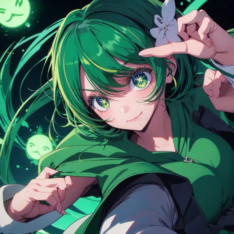  anime style, green color, eye, cute, hoodwink, cute girl, happy