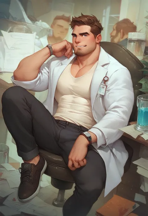 Male, human, brown hair, lab coat, tanktop under, pants, shoes, stubble beard, sitting on a chair