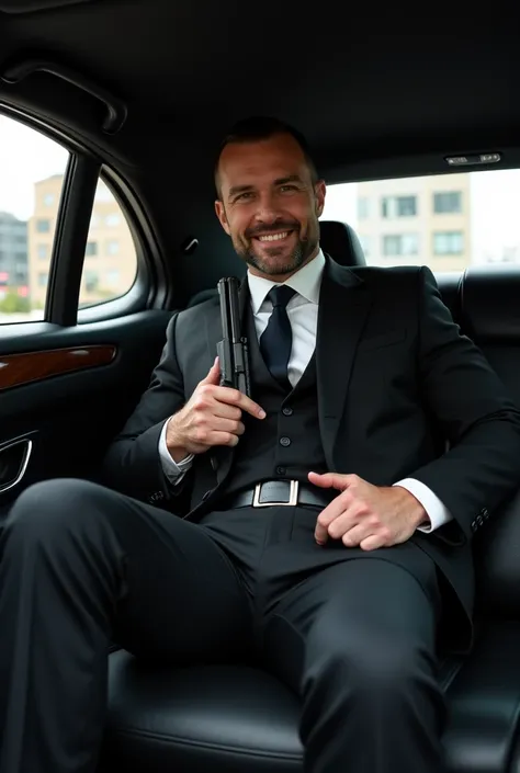 40-year-old man,Black Suit,Inside the car、mafia、Legs wide open、The crotch area of the pants is bulging,Bulging muscles,Gay ,Short Hair,Short Hair、Stubble,Turk,Hermes Belt。Black socks、Armed with a gun、smile