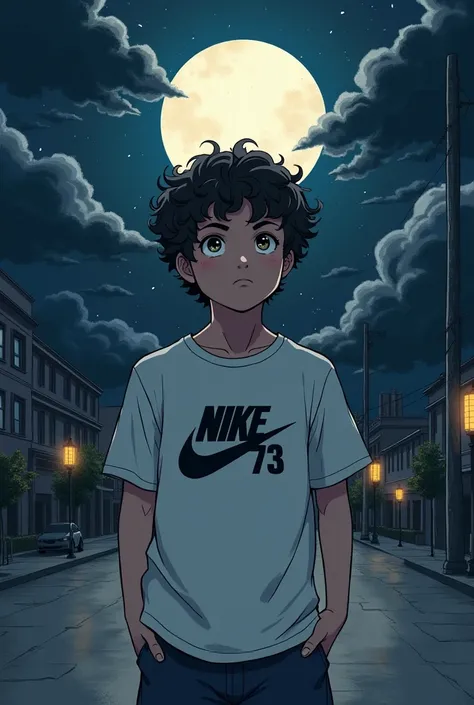 A boy with short curly hair 1,73 altar white Nike clothes background dark road style drawing evil face looking up moon sky