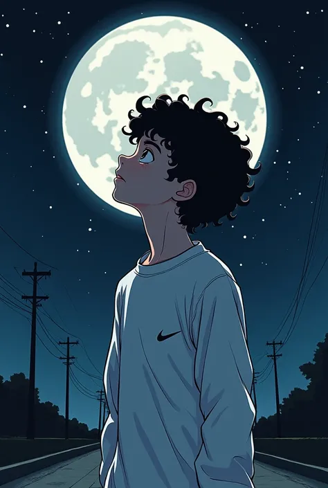 A boy with short curly hair 1,73 altar white Nike clothes background dark road style drawing evil face looking up moon sky