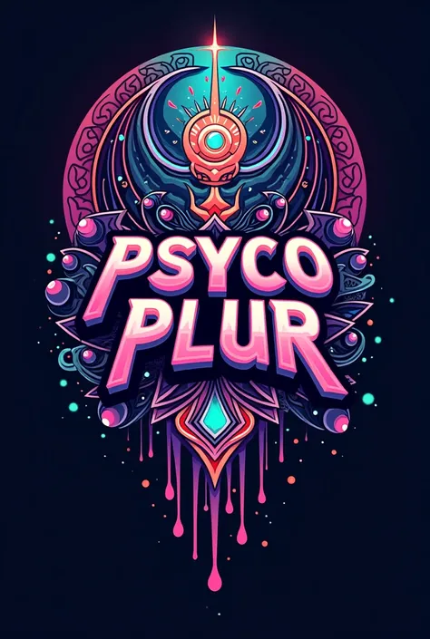 Moba style game guild logo, with the name "Psyco Plur" with the psychedelic theme and influences of Hinduism and psytrane.