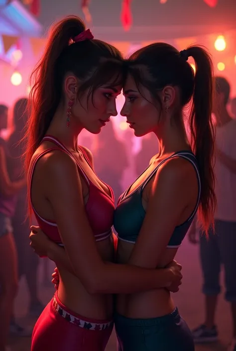 Athletic young cheerleader girl in revealing clothes kissing a shy introverted nerd girl at a house party at night 