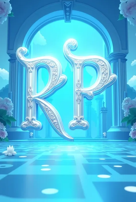 Make a 700 x 700 image with a light blue animated setting with anime and the letters RP centered and large with legendary lettering, do it like an advertising poster 