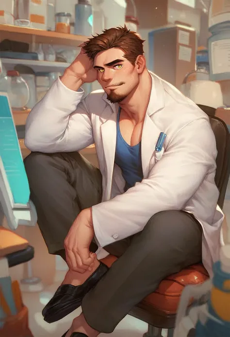 Male, human, solo, brown hair, lab coat, tanktop under, pants, shoes, stubble beard, sitting on a chair, yellow eyes