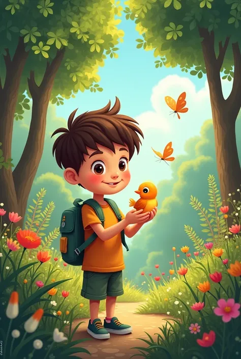 Create an image of a cartoon-style boy holding a bird in his hand In a beautiful garden