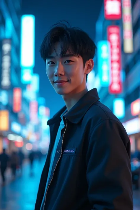 create a realistic image of a Japanese man with black hair, smooth ass, with bangs, Jovial appearance, light skin tone, lightbrown eyes. standing showing the whole body,  on a background with Tokyo buildings in neon blue colors 