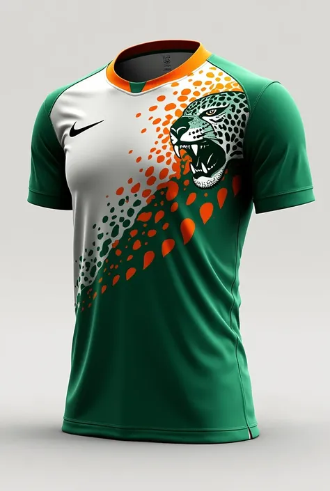 Women&#39;s futsal athletic uniform, men&#39;s and women&#39;s volleyball in moss green and white colors, with orange jaguar spots running down the chest to half of the shirt and a jaguar in the same shade blending into the shirt with its mouth open on the...