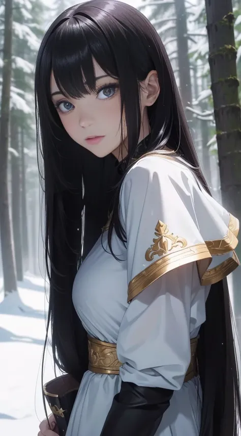  (best quality: 1.2), clean face, (masterpiece: 1.2, 8k) perfect anatomy, 1girl,a beautiful fashion model ,(masterpiece, official art, best quality ,long and shiny hair,, Pornographic exposure，coniferous forest，at winter season，  She has long flowing black...