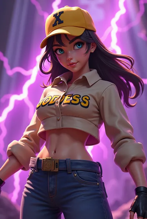 Free fire game style character,with BROWN hair, yellow cap, beige blouse with GODDESS written on it, purple background with thunder 