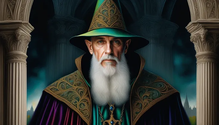 old man elf wizard of portraits, perfect balance of form and function, sharp gaze eyes, hold a wood cane, wizard hat, baroque robe, blessing light gain, stunning elf ears and earrings, fantasy wolf of picture frame, RGB lighting dances across the sleek lin...