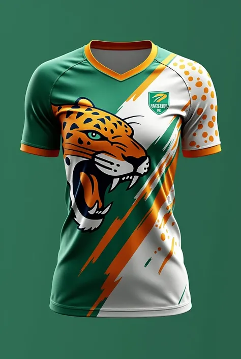 Women&#39;s futsal athletic uniform, men&#39;s and women&#39;s volleyball in moss green and white colors, with orange jaguar spots running down the chest to half of the shirt and a jaguar in the same shade blending into the shirt with its mouth open on the...