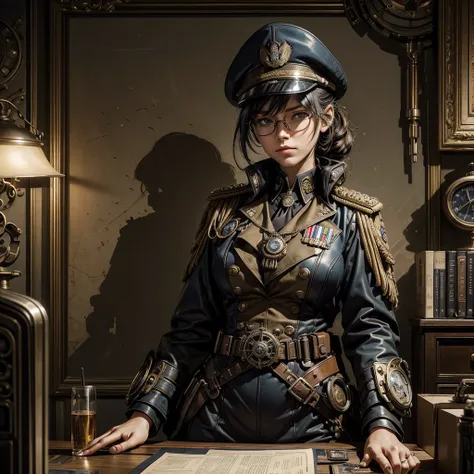 
a woman in a futuristic steampunk uniform signing orders sitting on a desk in the office of a military command, the woman has glasses and some military insignia on the uniform, behind her on the wall a flag of the steampunk nation with a painting with the...