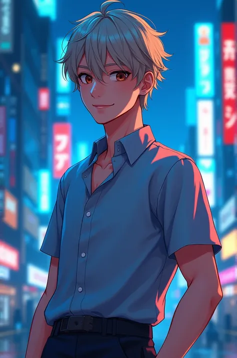 create a realistic image of a japanese man with blond hair, smooth ass, with bangs, lightly dyed lightly with blue highlights, Jovial appearance, light skin tone, brown dark eyes. standing showing the whole body,  on a background with Tokyo buildings in ne...