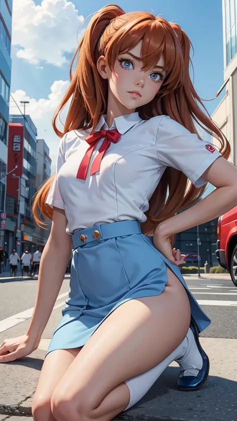 (masterpiece, best quality, detailed), Asuka Langley soryu, neon genesis evangelion anime, sexy girl, German nationality, dressed in her blue school uniform, White shirt, blue dress white socks, black shoes, cara hermosa, ojos muy detallados, cara muy real...